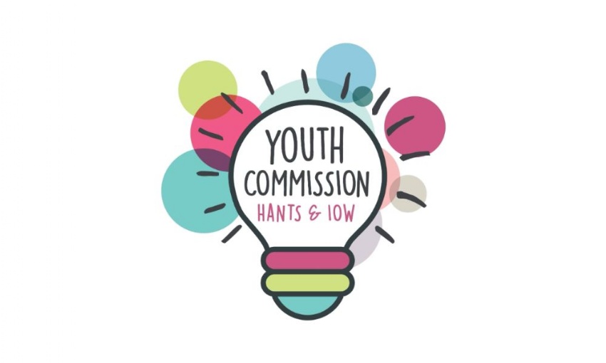 Image shows the Hampshire and Isle of Wight Youth Commission logo - a lightbulb with coloured circles, and the words Youth Commission Hants and IOW